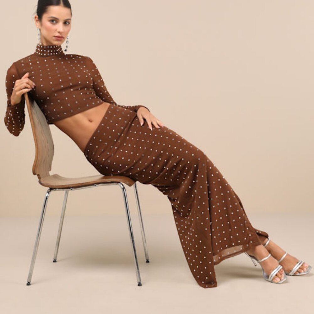 Lulus Incomparable Shine Brown Mesh Rhinestone Two-piece Maxi Dress - Size XS